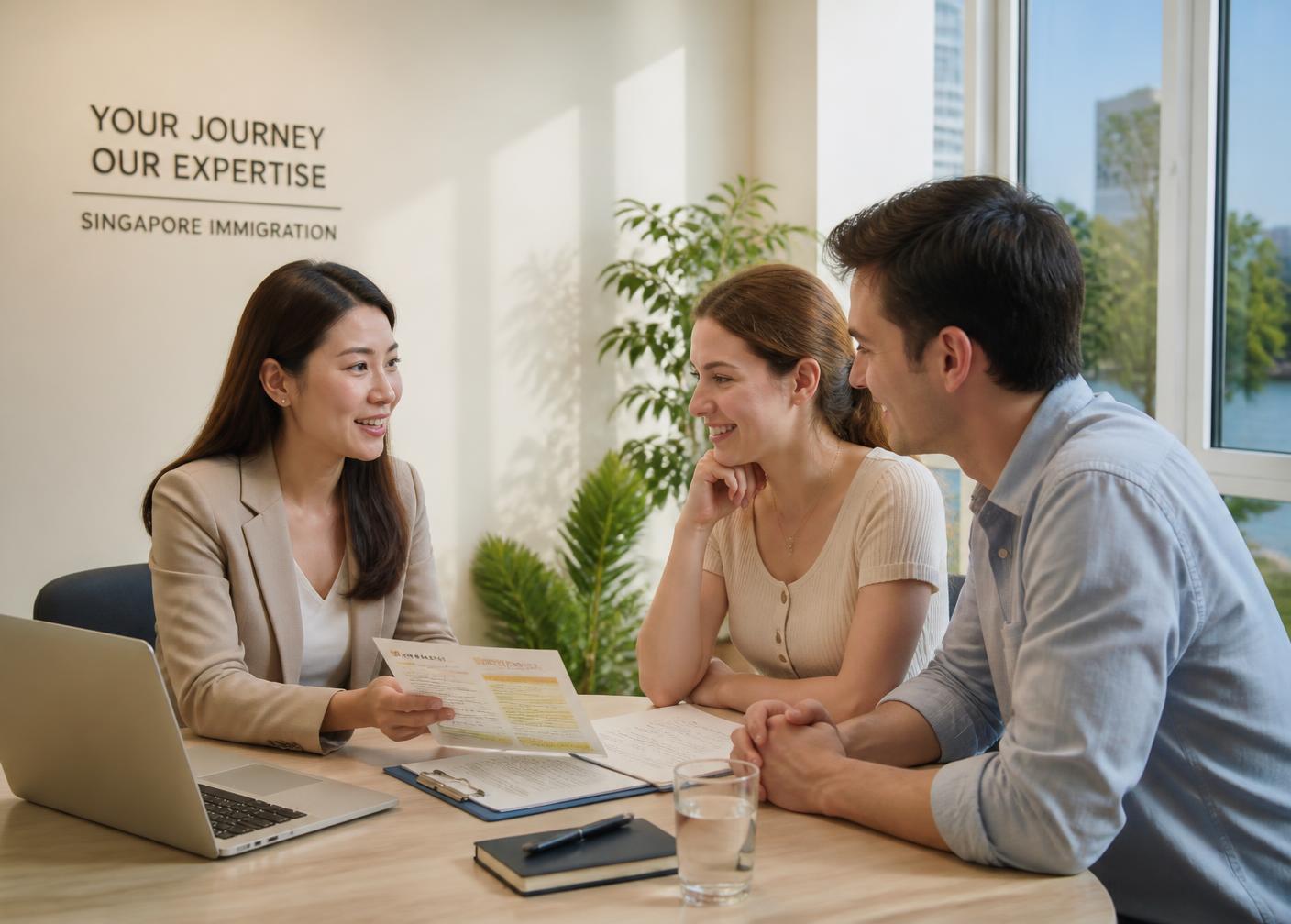 Consultant explaining a Singapore pass application to a couple